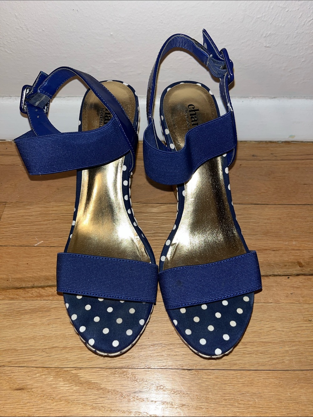 Charlie Davis Navy Polka Dot Open-Toe Ankle Strap Sandals